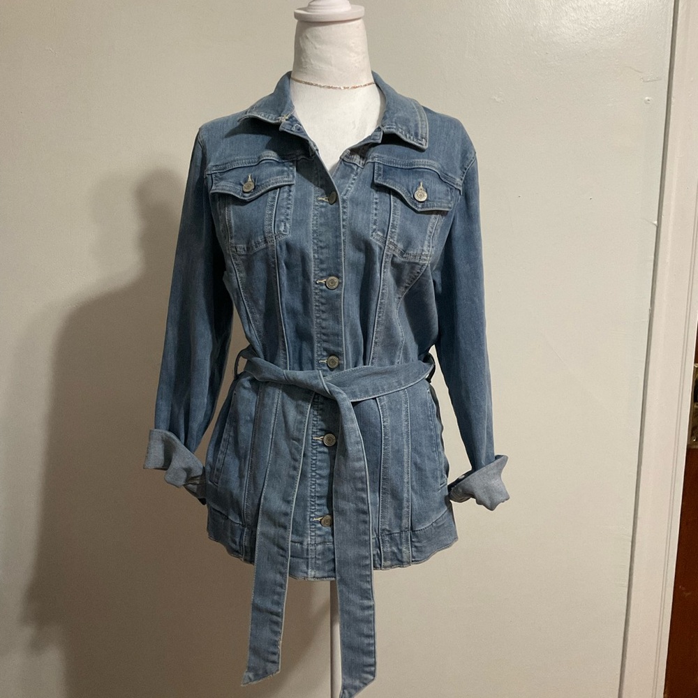 New York & Company Blue Denim Jacket with Belted Waist